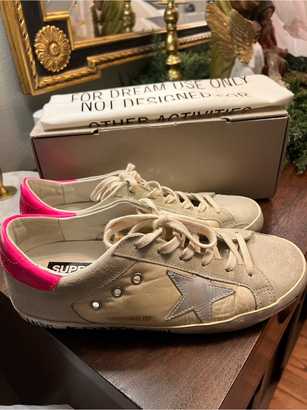 Golden Goose Beige Suede Sneakers with Pink Heel and Silver Star